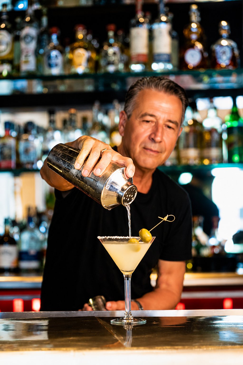 A bartender straining a freshly shaken martini into a glass at Manuel's bar