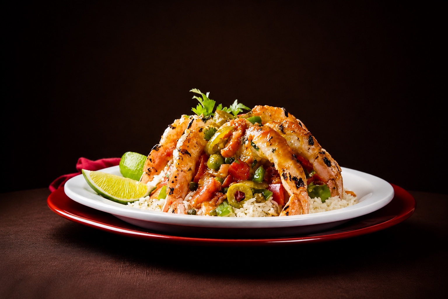 Colossal Gulf shrimp in Veracruzana sauce with tomato, olives and capers over Mexican rice, with lime
