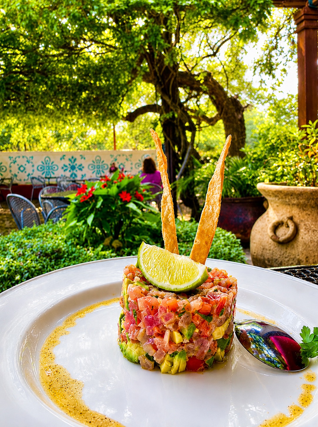 Juan's Ceviche — a yellowfin tuna tower with avocado, tomato and lime, crowned with crisp tortilla strips, on Manuel's shaded oak patio